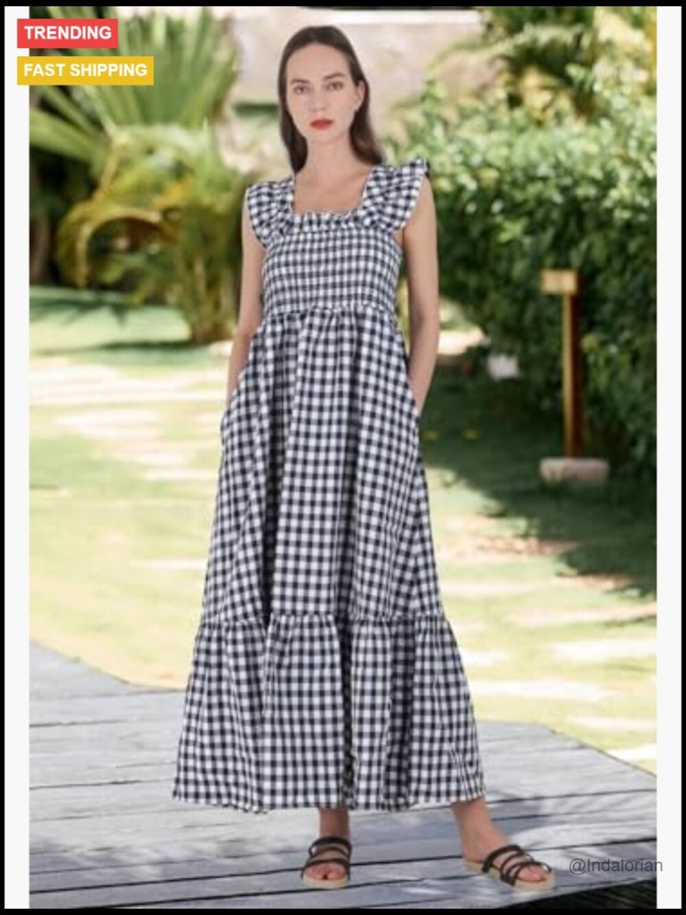 Retro Plaid Smocked Dress Spaghetti Strap Flounce Long Dress with Pockets - Picture 2 of 7